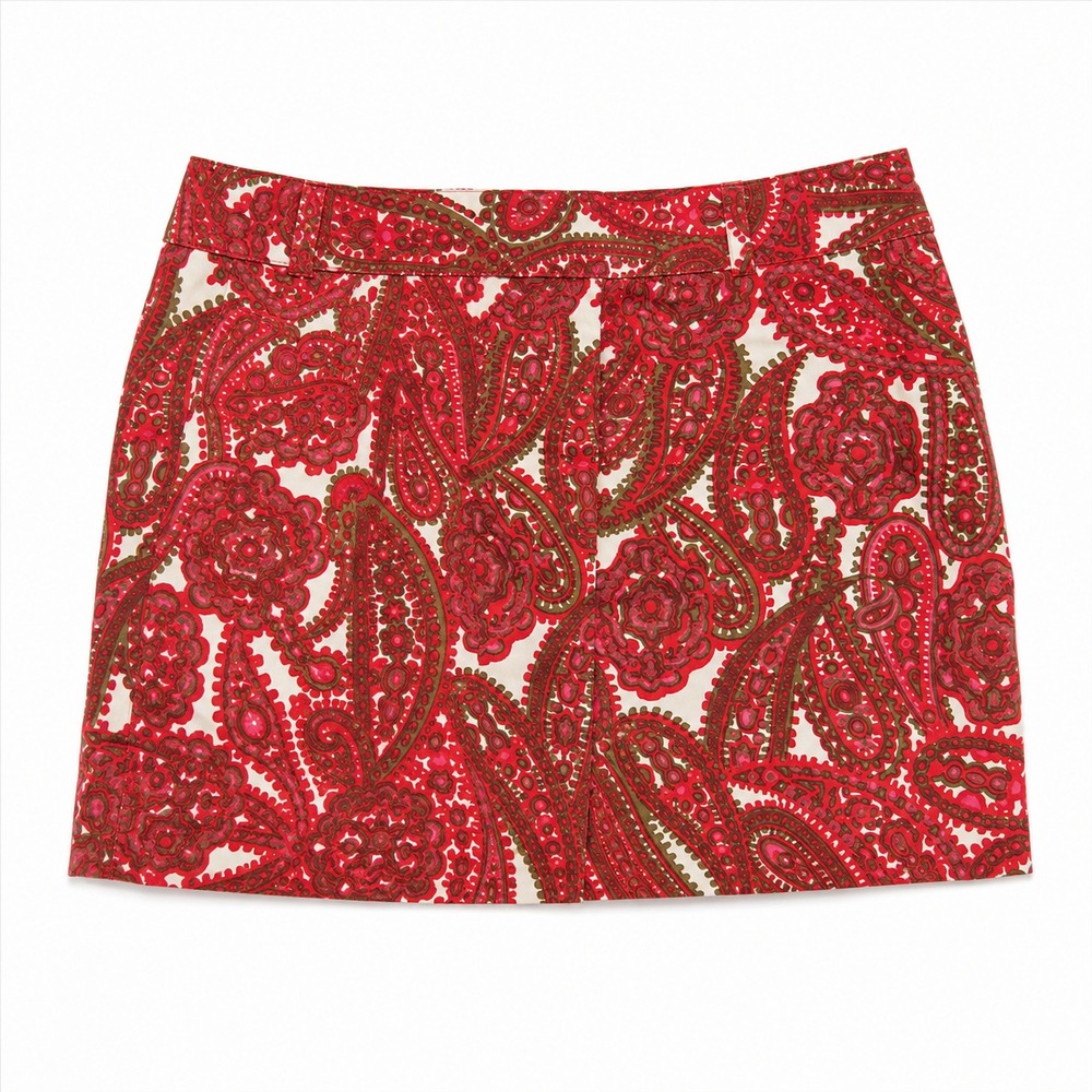 J Crew Womens 10 Paisley Mini Skirt Y2K 2007 Red Pink Cotton Stretch Preppy Boho